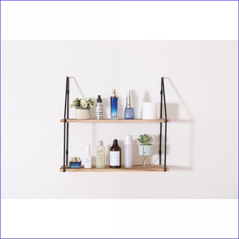 Floating Shelf 2-Tier Rustic Natural Wood Wall Mounted | Metal Brackets | 23.6”L x7.1”W x20.8”H | Natural Wood | Metal &amp; Wood