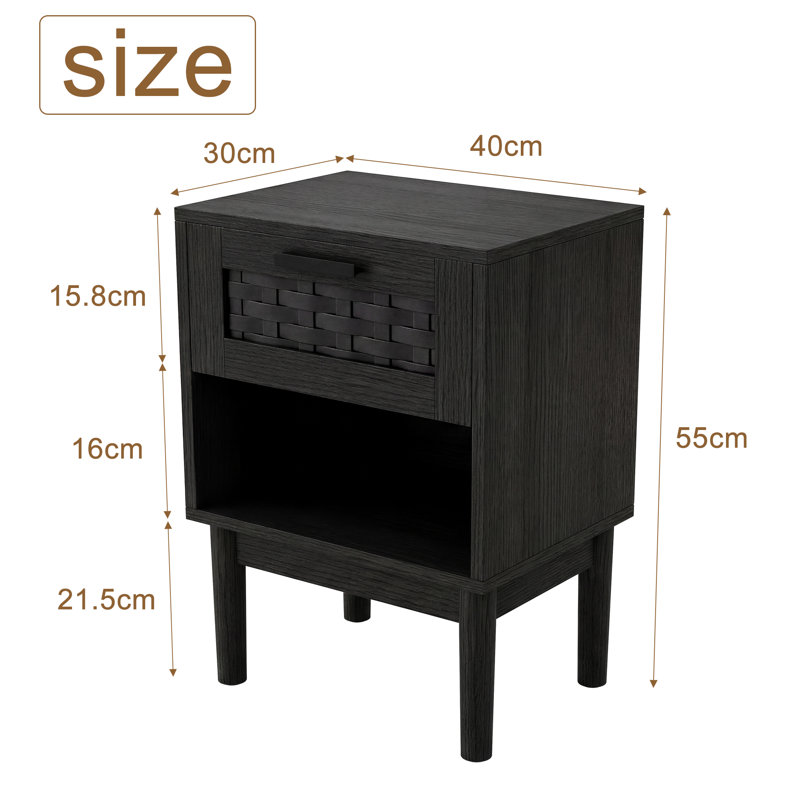 Set of 2 Rattan Bedside Tables with Drawer and Open Shelf, Effect Nightstands with Woven Front and Black Metal Handle, Boho Bedroom Side Tables