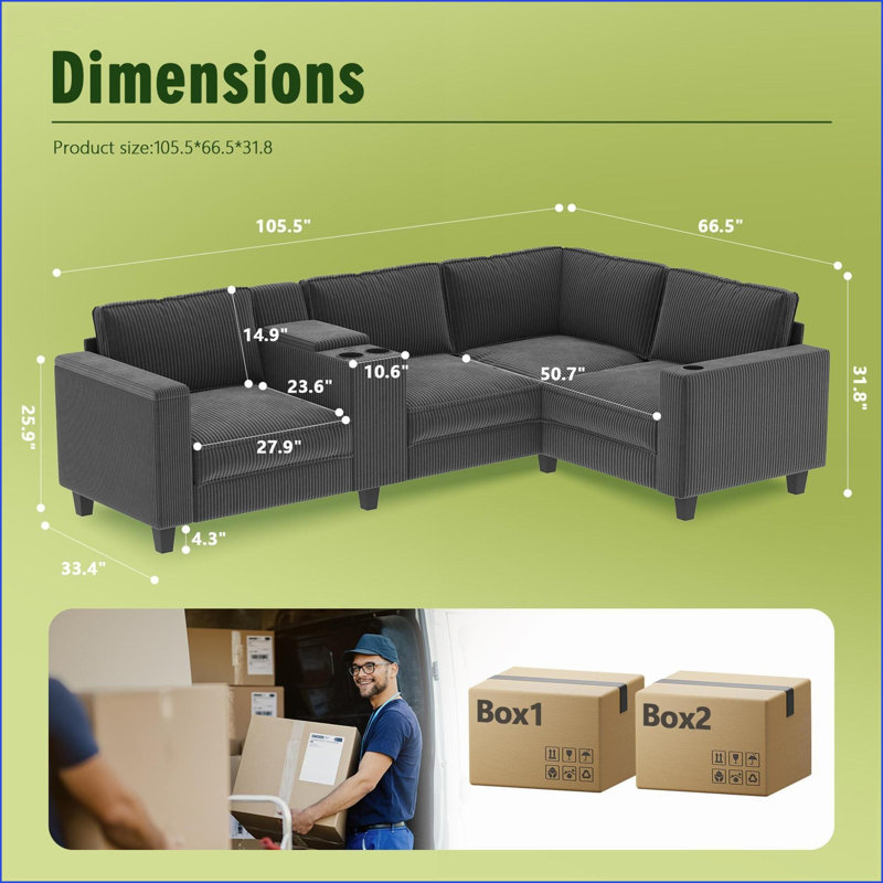 Sectional Sofas, L-Shaped 4-Seater 105.5' Corduroy Sofa with Storage, USB, Reversible Seats | Beige | Standard