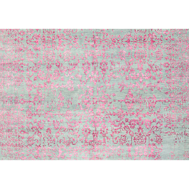 Tapis argenté et rose noué à la main de haute qualité, Rectangle 9 pi x 12 pi