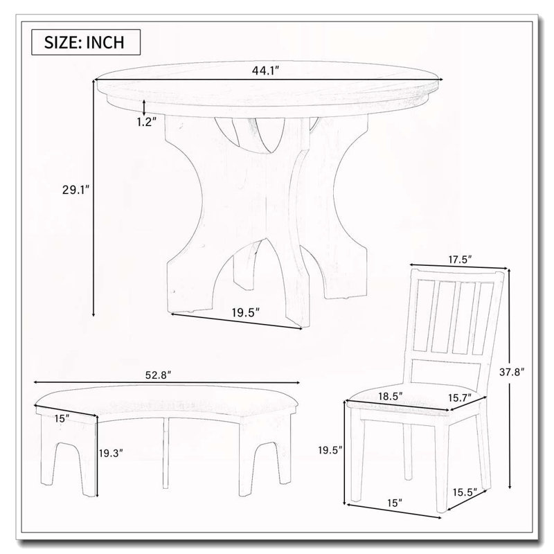Ensemble de salle à manger rustique 5 pièces avec banc courbé (gris), Beige/gris