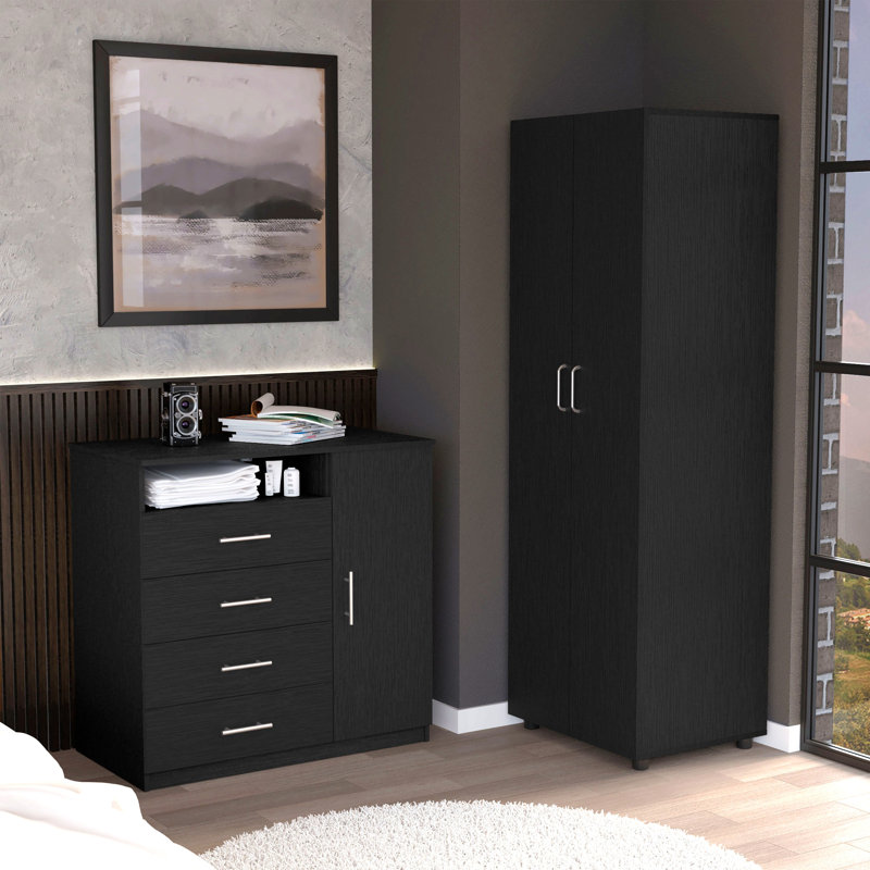 Ensemble de chambre à coucher 2 pièces, armoire avec commode 4 tiroirs, noir