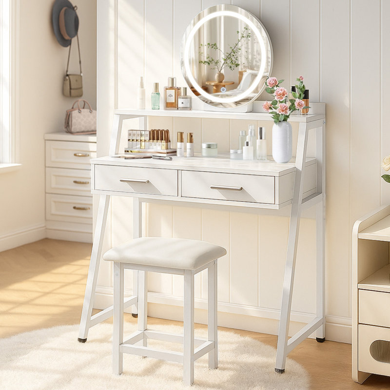 Round Mirror Dressing Table, Frame Vanity Set With Two Drawers