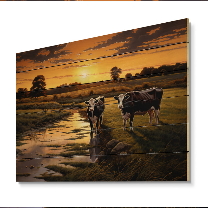 Cows at Farm Landscape IV sur impression sur bois, H 30 po x l 40 po x P 0,78 po