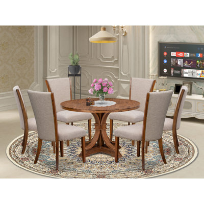 7 Piece Dining Set for 6 Contains a Round Table with Pedestal and 6 Light Tan Linen Fabric Parson Chairs, Antique Walnut