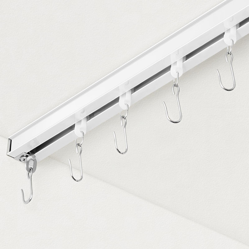 Rail à rideaux, rail à rideaux pour paravent, ensemble de rails de montage au plafond avec crochets à roulettes, blanc, 9 pi