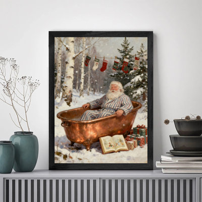 Reproduction d'art encadré noir, père Noël rétro, apprécie la baignoire dans la neige