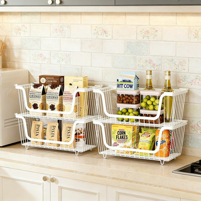 6 Pcs Stackable Wire Baskets, Pantry Organizers And Storage, Vegetable Fruit Basket For Countertop, Kitchen Storage Metal Baskets, White
