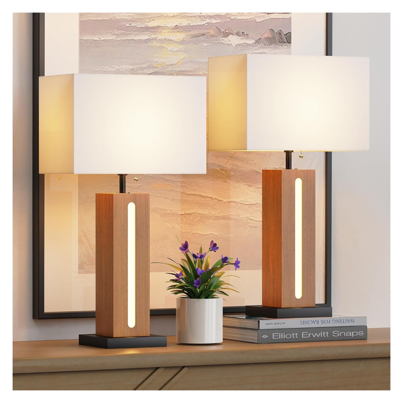 Lampes de chevet à intensité variable avec veilleuse à DEL, métal et bois, style campagnard rustique pour chambre à coucher ou salon