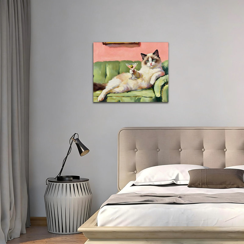Art mural rétro sur toile, chat rigolo sur un canapé vert, impression sur toile - décoration murale pour le salon, 16 L x 20 l