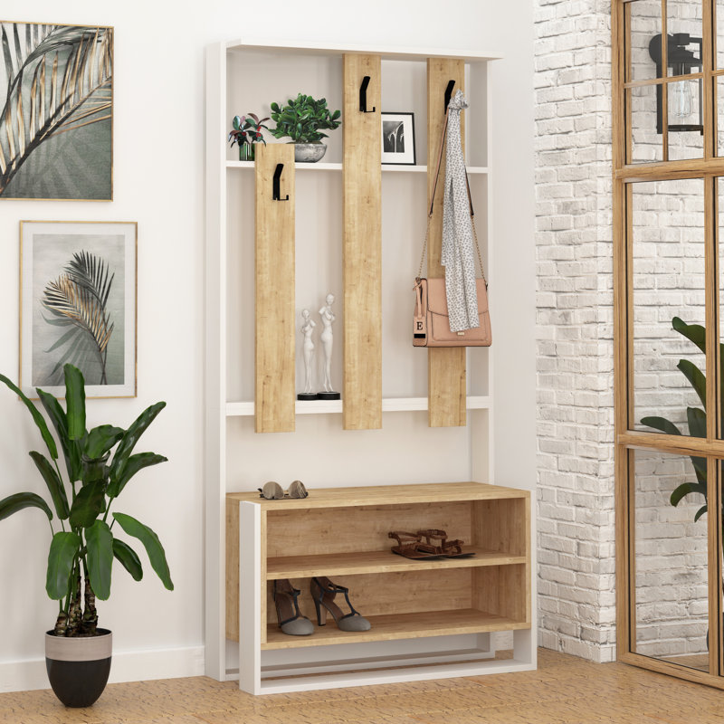 Cannes Hall Tree 90cm Wide with Bench and Shoe Storage, White/Oak