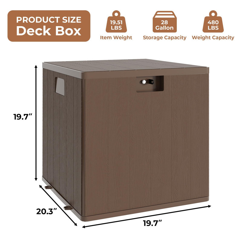 Boîte de rangement extérieure imperméable de 28 gallons, boîte de rangement de terrasse pour la livraison de colis, boîte de terrasse verrouillable en résine, petit contenant carré pour coussins de meubles, outils de jardin, accessoires de piscine