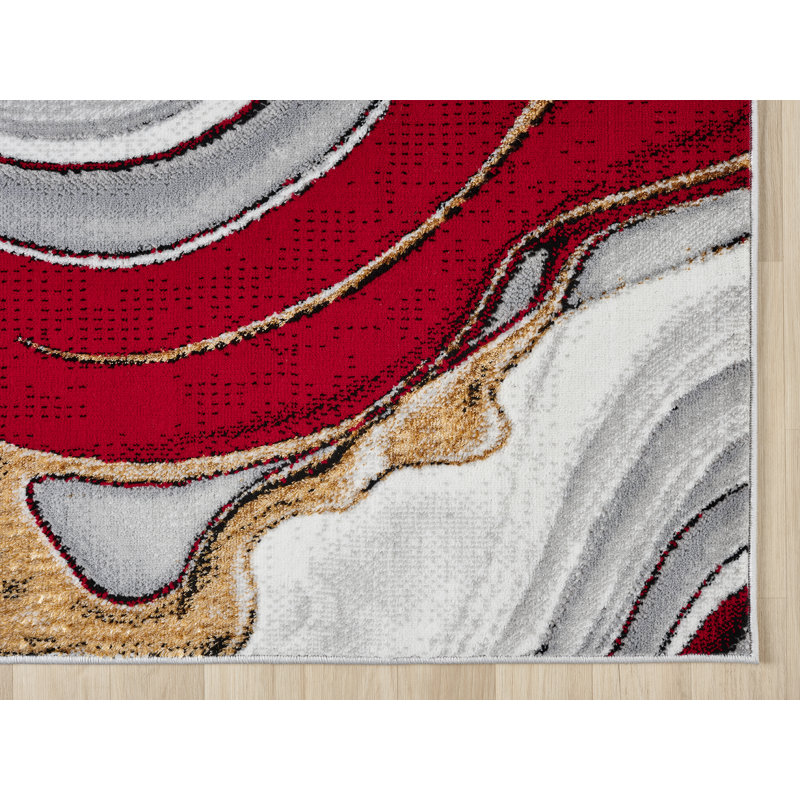Modern Abstract Area Rug Swirls Contemporary Marble Colorful Carpet For Living Room Bedroom With Gold Lurex Accents, Red