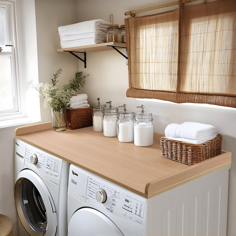 Comptoir de laveuse-sécheuse avec rails de bordure Kaboon, 27,5 po x 54 po, rangement pour salle de lavage, Noyer clair