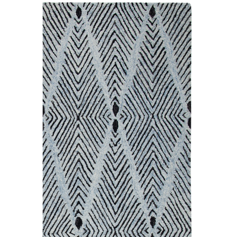 Micro-Loop Hand Tufted Wool/Cotton Geometric Rug in Light Blue/Charcoal, Rectangle 8' x 10'