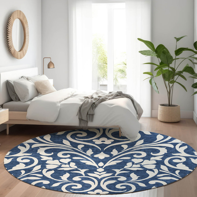 Premium Machine Washable Prisco Navy Rug, Round 8'