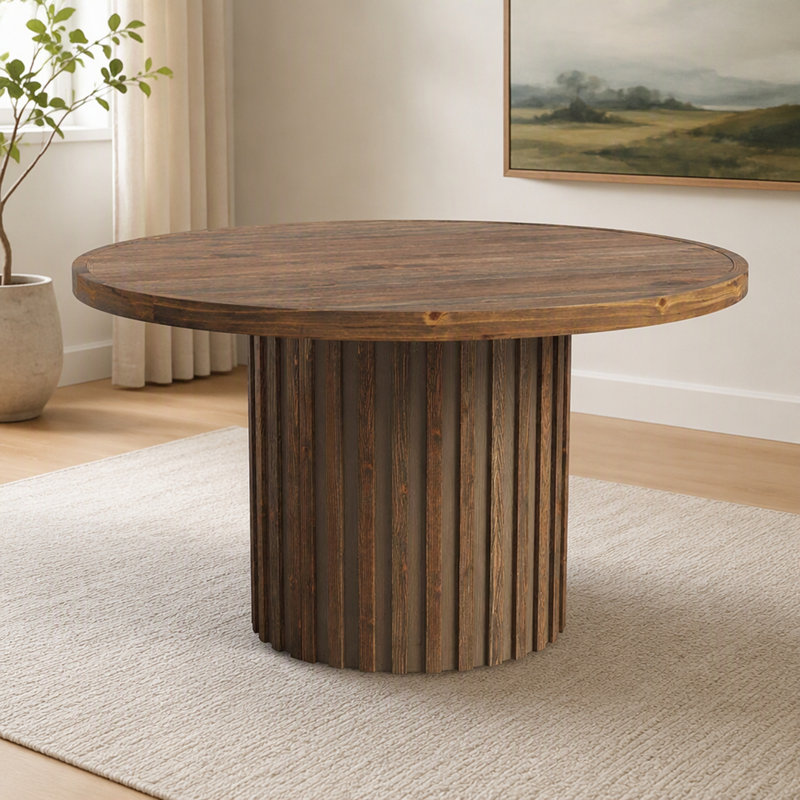 47" Round Solid Wood Dining Table for 4, Farmhouse Kitchen Table with Fluted Pedestal Base