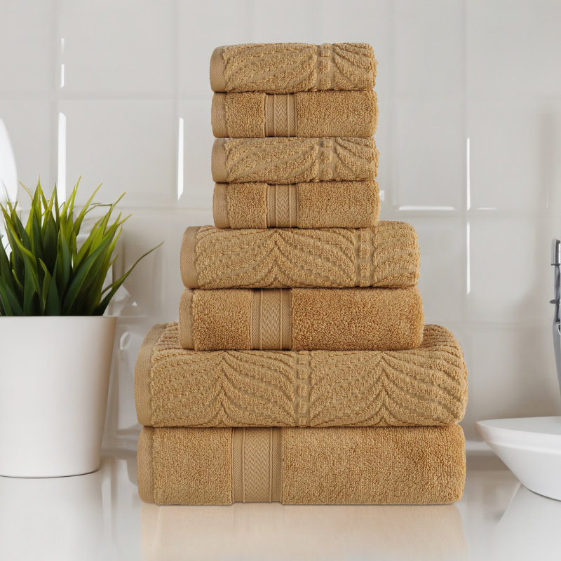 Alcesta Chevron Zero Twist Solid and Jacquard Cotton 8 Piece Bathroom Towel Set, Gold