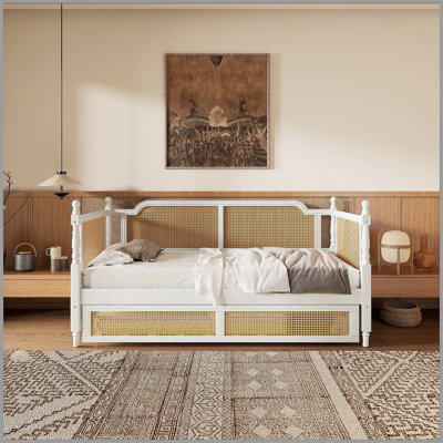 Lit de jour en rotin de style traditionnel avec lit gigogne double pour un espace limité, chambre d'amis, pas de sommier tapissier, noyer antique