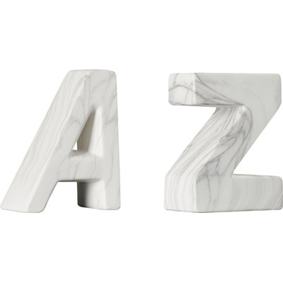 Ceramic A Z Text White Decorative Bookends with Faux Marble Finish