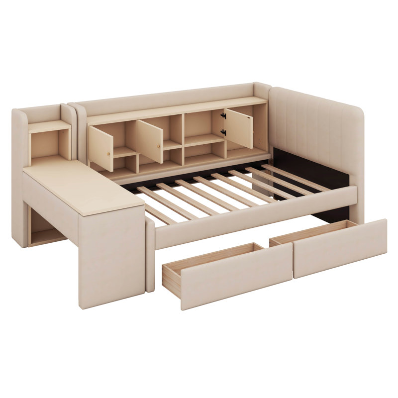 Lit de jour rembourré simple avec armoires rabattables et table d'appoint / bureau, cadre de lit multifonctionnel avec 2 tiroirs et tablettes