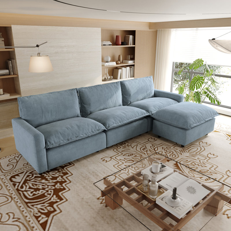 Canapé modulaire rembourré 4 pièces en tissu de lin avec repose-pieds 4 pièces, Lin bleu