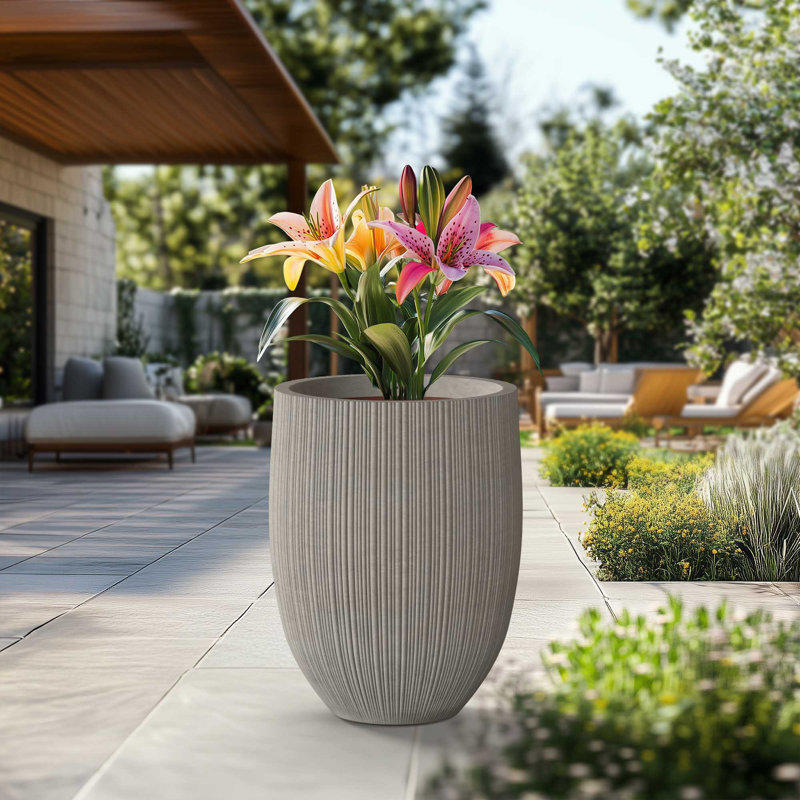 17 In. Large (Upgraded Interior) Concrete Round Planter / Pot With Drainage Holes, Light Gray (Upgraded Interior)