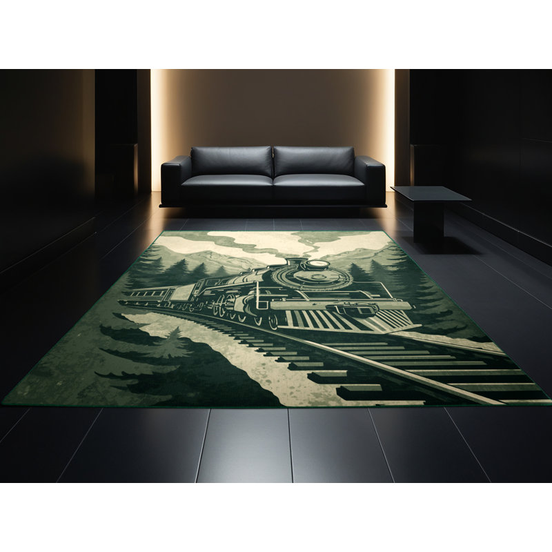 Machine Washable Vehicles And Transportation Mountain Railway Train Rustic Rug in Green – Green Binding, 4x6