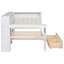 Lit plateforme simple en bois avec tablettes de rangement, tiroirs, station de charge, DEL, bureau et tête de lit tapissier, coussin blanc et beige-692373571-692373568