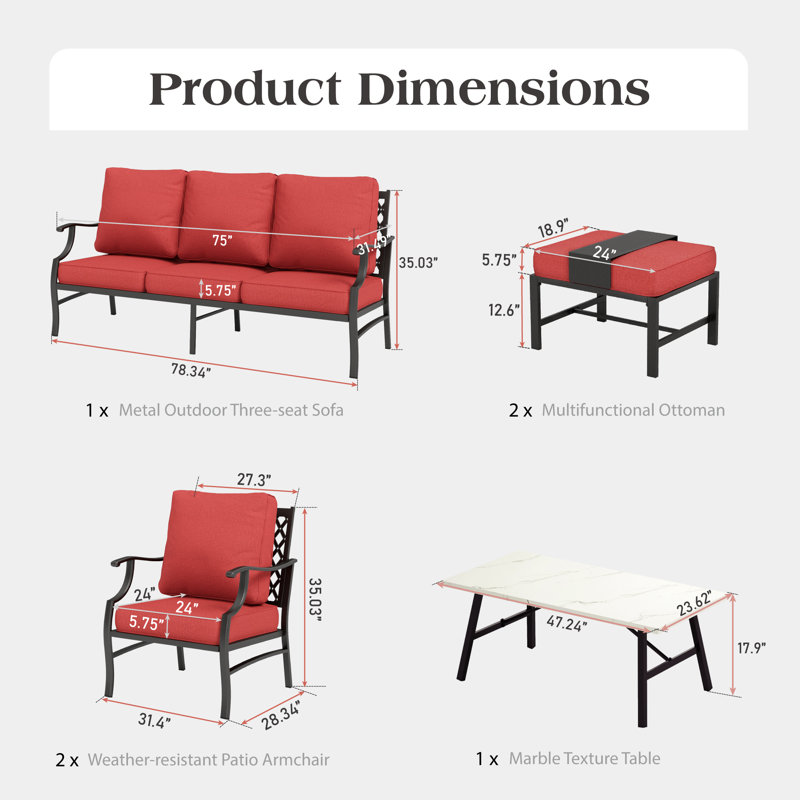Asfand 5-7- Person Patio Conversation Set with Optional Ottoman, Red, Yes