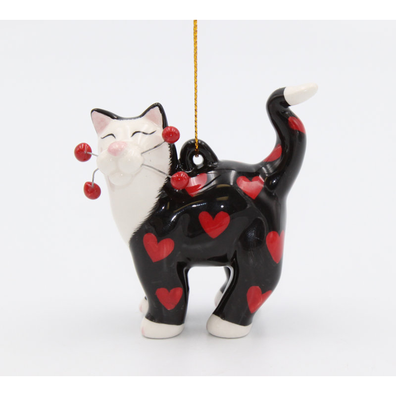 Ornement en forme de chat Whisker en noir avec cœur rouge