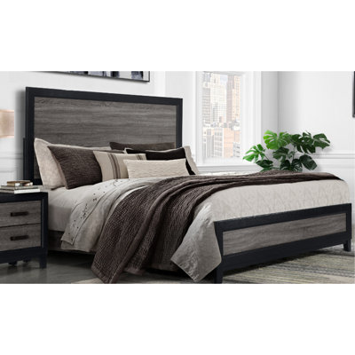 Lit simple gris foncé et noir en bois massif, style stylisé à deux tons, incrustation rustique, 4 lattes, 59,34 po de hauteur, 42,3 de largeur, 77,51 de profondeur, 63,55 lb de poids
