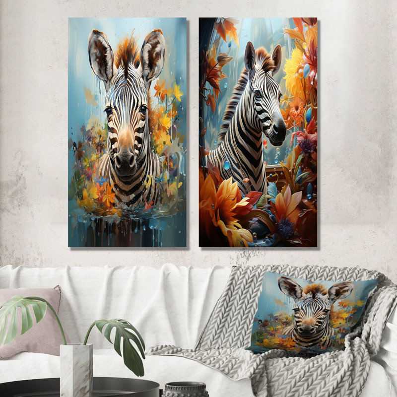 Zèbre Splash Flora Zone - animaux, ensemble de 2 impressions sur toile zèbre, H 28 po x l 25 po, Toile tendue