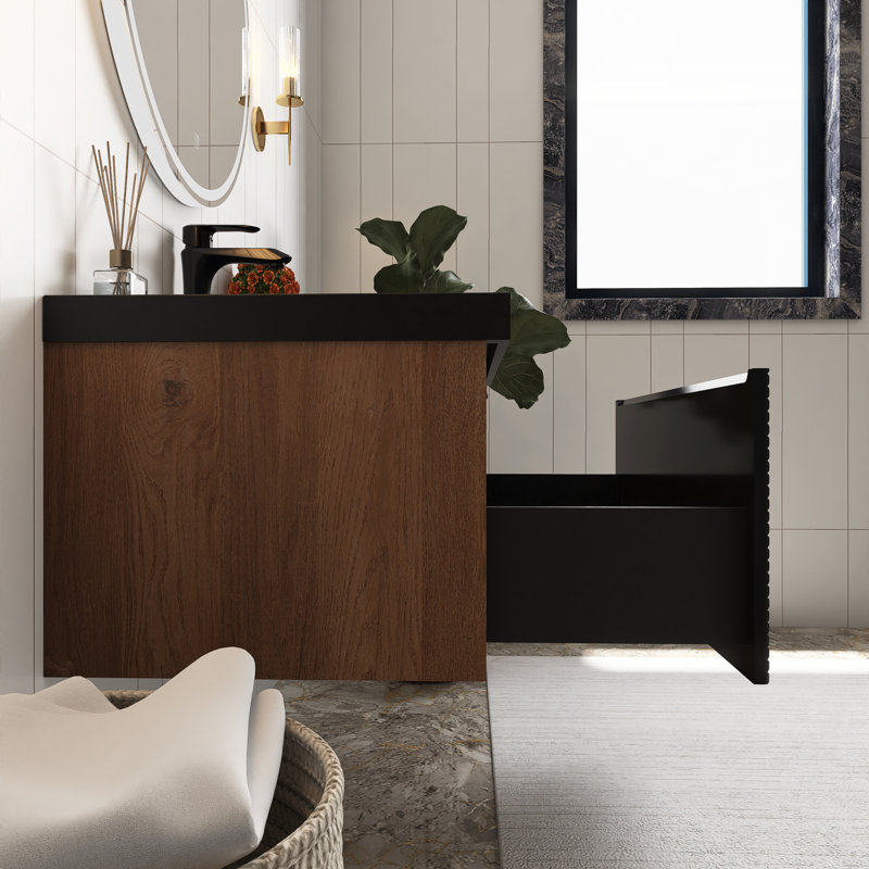 36 po W Meuble-lavabo mural simple en chêne mat avec plateau en résine noir mat