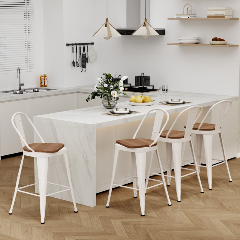 High Back Metal Counter And Bar Stools, Bar Stool (30" Seat Height), White