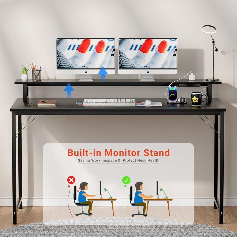Iancarlo Metal Base Computer Desk with Power Outlet, Black, 33.9" H x 55.1" W x 19.7" D