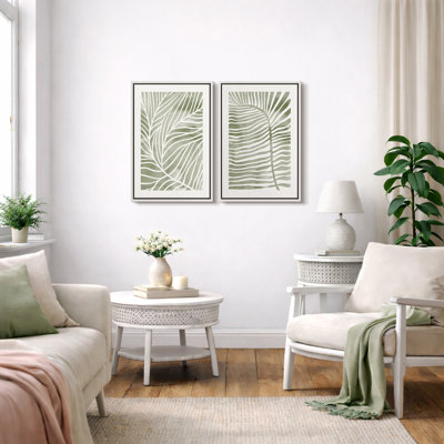 Abstract Botanical "Faded Sage Green Tropical Palm Tree Leaves Artwork, Modern Simple Minimalist Wall Pictures, Framed Canvas Giclee Print 2 Pieces Wall Art Set" 16x24x2 pcs, 24x36x2 pcs
