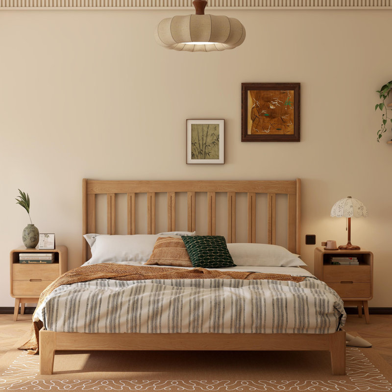 42cm W Solid Wood Bedside Table, 2 Drawers, Natural Oak