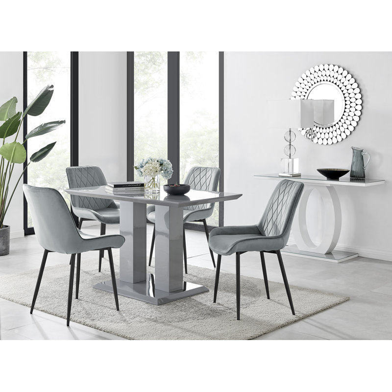 Edzard Double Pedestal High Gloss Dining Table Set with 4 Luxury Velvet Dining Chairs, Grey, Grey/Black