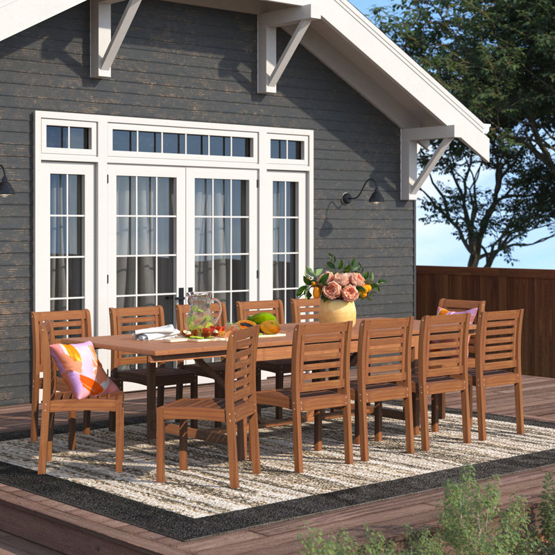 Anautica 12 - Person Solid Wood Patio Dining Set Extendable and Umbrella Hole Included Rectangular Table