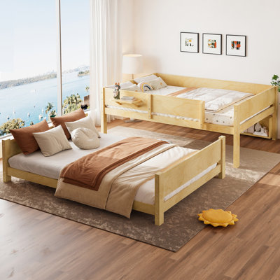 Queen over Queen Solid Wood Bunk Bed with Storage Shelves, Convenient Tray & Upgraded Slats, Platform Bunk Bed, Light Natural