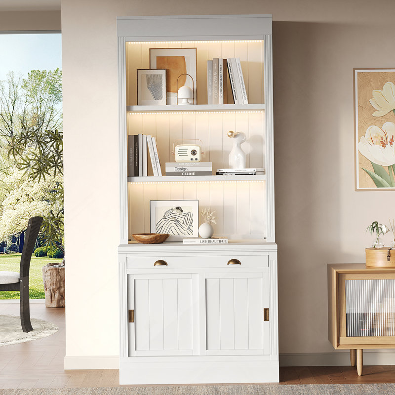 83.4"Tall Bookshelf With 3-Layer LED Lightings, Modern Bookcase With Sliding Doors And Open Shelves,Storage Bookshelf For Living Room,Home Office,White