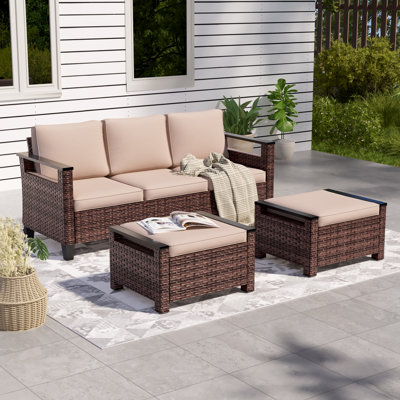 Schiess 3 Piece Patio Wicker Sofa Set with Ottomans