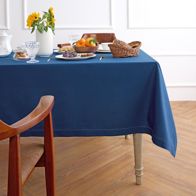 Cotton Linen Hemstitch Tablecloth, 84" x 60", Lapis Blue