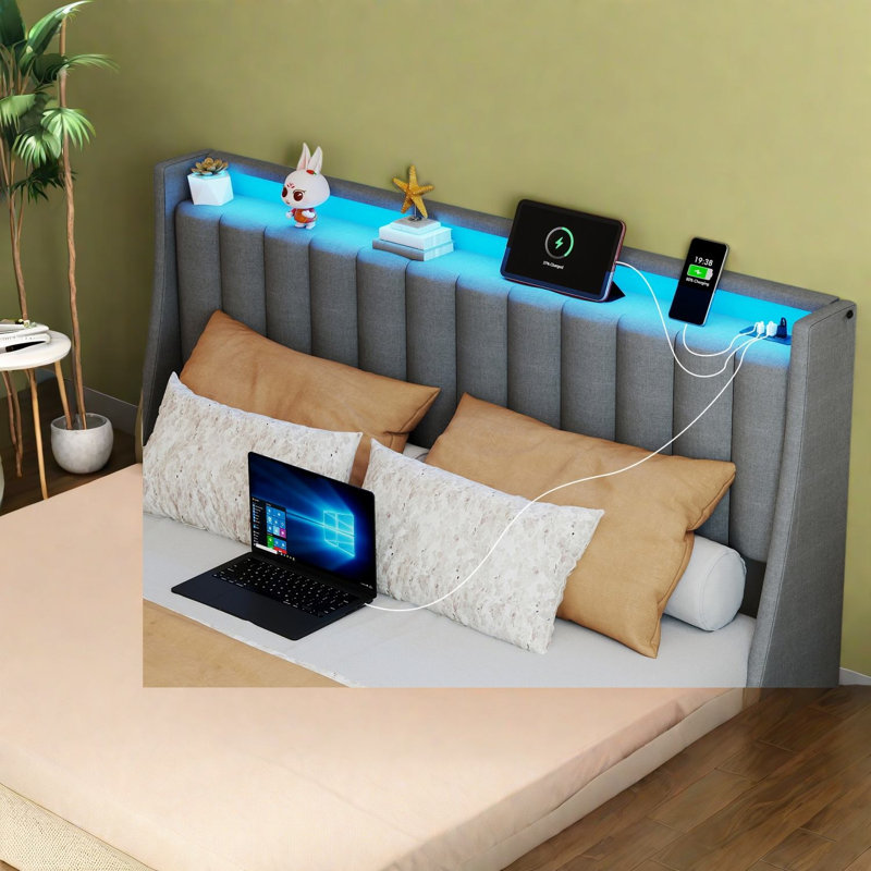 Lits Queen Size avec rangement, cadre en métal gris, mobilier rembourré moderne avec éclairage DEL