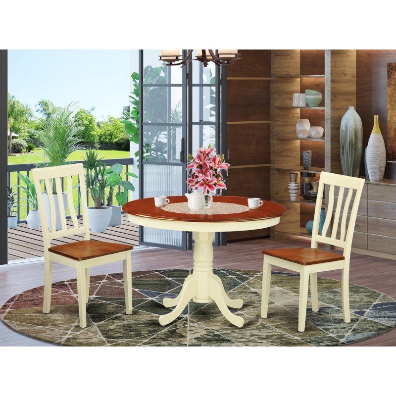 Maffra Rubberwood Solid Wood Dining Set, 3 Pieces: Table, 2 Chairs, Buttermilk & Cherry, Wooden