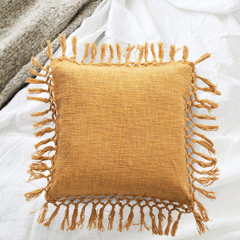 Mustard Square Cotton Slub Pillow with Tassels and Fringe
