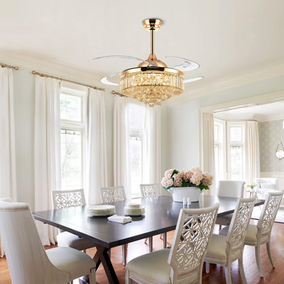 48" Crystal Ceiling Fan with Lights Remote Control Retractable Dimmable Fandelier Reversible LED Ceiling Fan for Bedroom