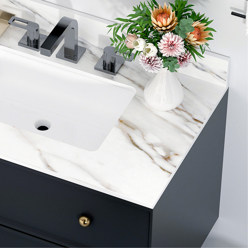 Comptoir de lavabo de salle de bain en marbre blanc 37 pouces - dosseret de 4 po, 8 trous de robinet, teinture et pierre frittée imperméable pour comptoir de meuble-lavabo avec dosseret de 4 po