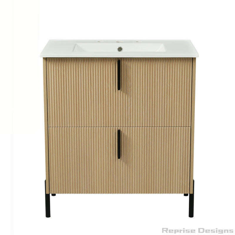 Meuble-lavabo 30 po avec lavabo en céramique, tiroir à fermeture en douceur, Naturel